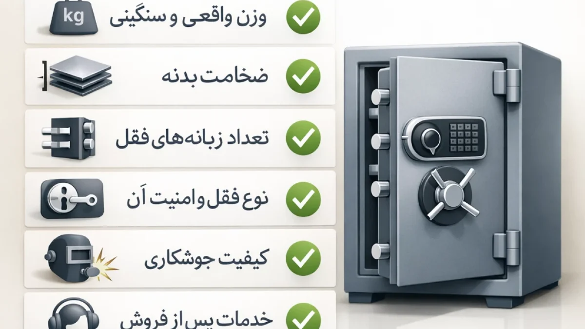 چک‌لیست تصویری انتخاب گاوصندوق فروشگاهی استاندارد شامل وزن، تعداد زبانه‌ها، نوع قفل و کیفیت بدنه