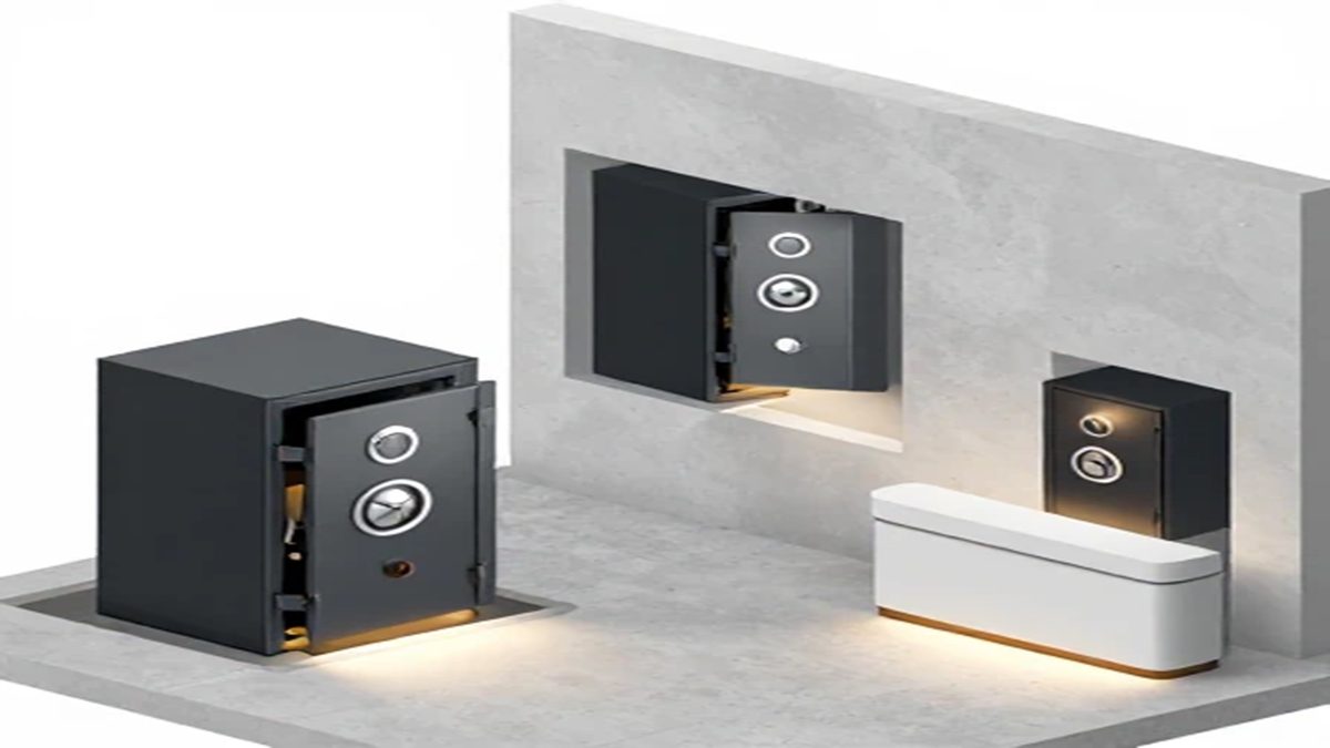 نمایش سه روش نصب پنهان بزرگترین گاوصندوق فروشگاهی: جاسازی در کف، فرورفتگی در دیوار و پنهان‌سازی زیر کانتر.